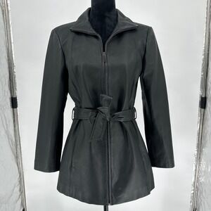VTG Worthington Black Leather Belted Jacket Zip Grudge Moto Casual Women's Small